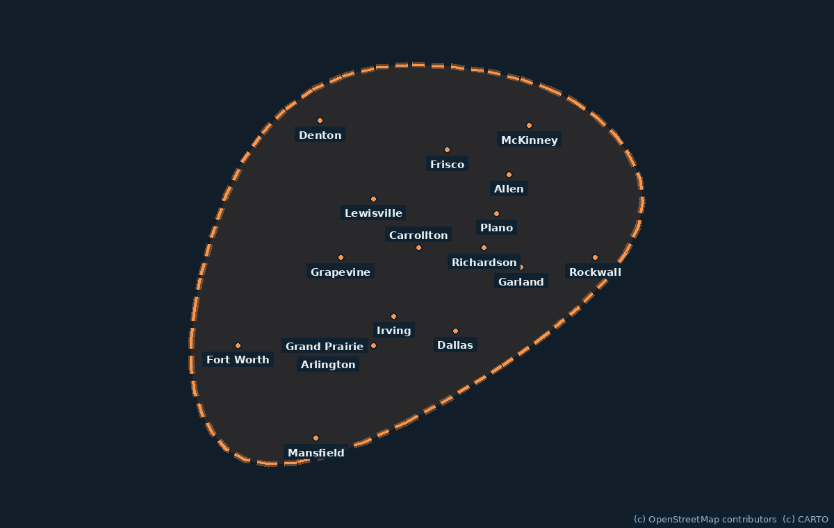 Service area map for Dallas–Fort Worth foundation repair companies, covering Dallas, Fort Worth, Plano, Arlington, McKinney, Frisco, Denton, Irving, Garland, Rockwall, Grapevine, Lewisville, Mansfield, Richardson, Carrollton, Allen, Grand Prairie.