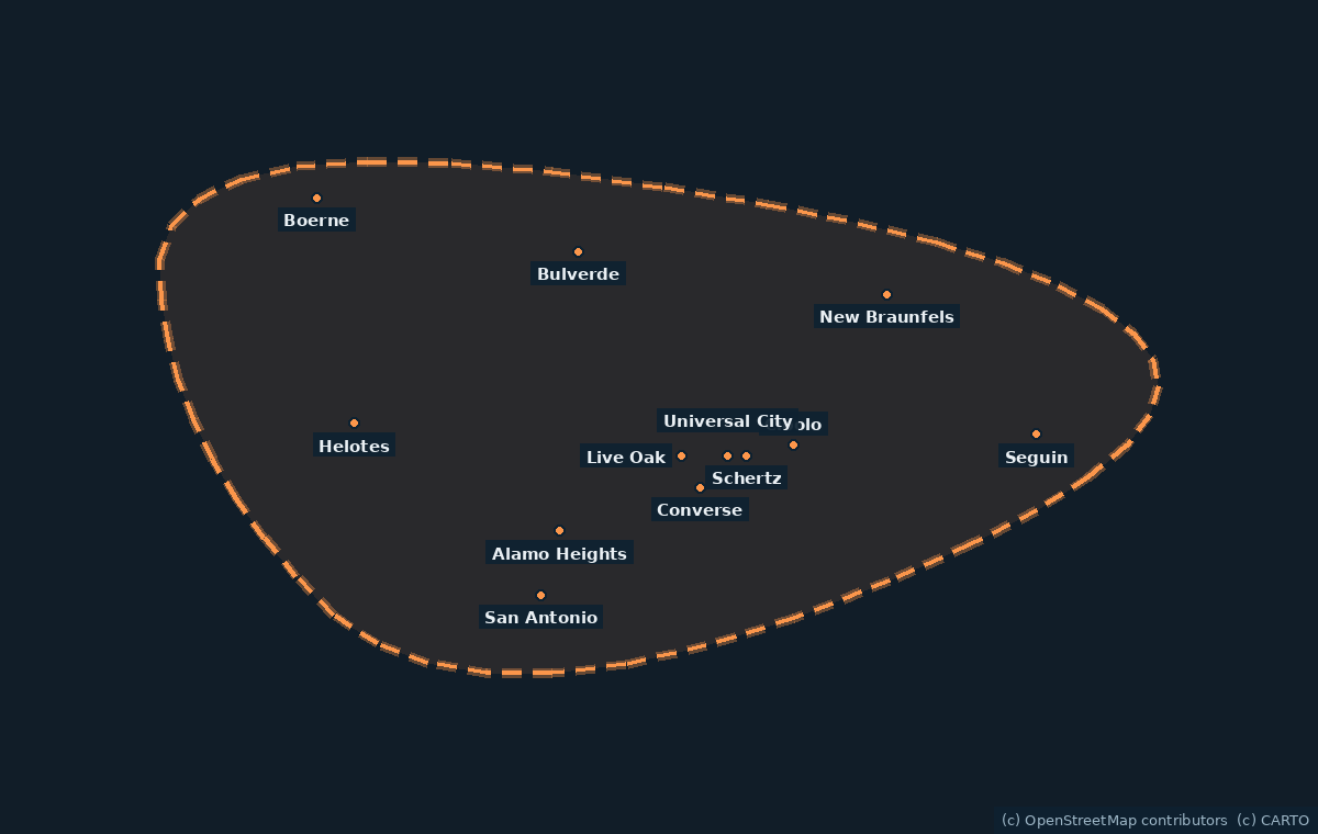 Service area map for San Antonio foundation repair companies, covering San Antonio, New Braunfels, Schertz, Boerne, Converse, Cibolo, Helotes, Universal City, Live Oak, Seguin, Bulverde, Alamo Heights.